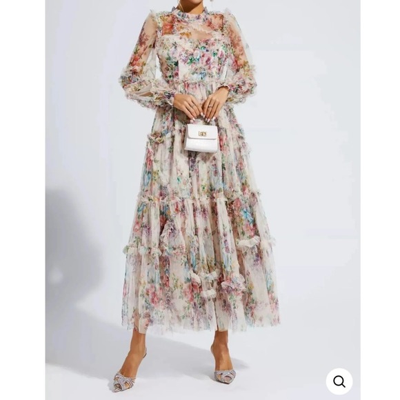 Catchall Dresses & Skirts - Catchall Floral Mesh Maxi Dress Womens XL New Tiered Ruffle Sheer Sleeve 0153